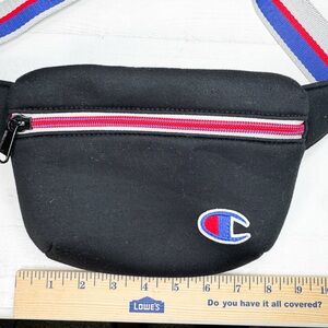 Champion Logo Belt Bag / Fanny Pack Black Red White Blue Stripe Adj Crossbody